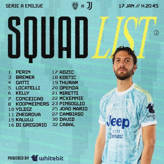 九游体育-尤文客战卡利亚里大名单：洛卡特利领衔，米利克继续伤缺